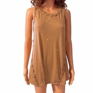 Vintage Y2K Tank Top Long Flowy Braided Brown Rhinestones Vocal Small Pocahontas